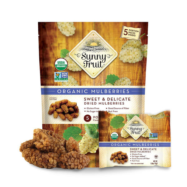 Sunny Fruit Soft Organic Turkish Dried Mulberries, 1 Bag (5 Individual Portion Packs), No Preservatives, Healthy Snack