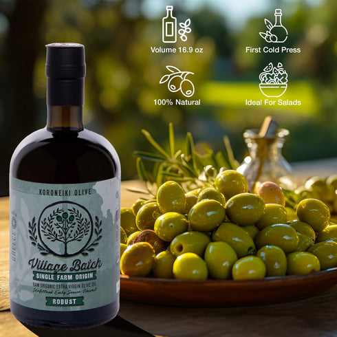 16.9oz (Pack 1) Village Batch Koroneiki Organic Extra Virgin Olive Oil of Cold Pressed and Unfiltered EVOO, Early