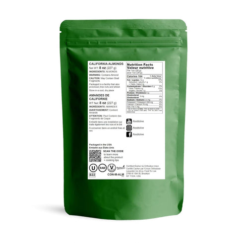 Food to Live California Almonds, 8 Ounces, Whole, Raw, Unsalted, Natural, Kosher, Vegan, Keto, Paleo