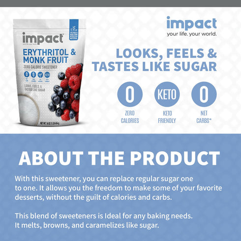 1 1 1lb Impact White Monk Fruit & Erythritol Sweetener Blend - Gluten Free, Zero Calories, Net Carbs, Keto, Vegan