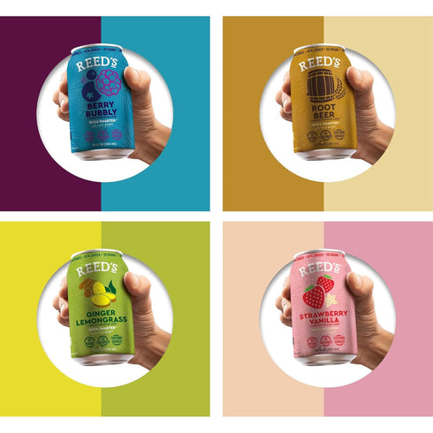 12-Pack Reed's Adaptogen Functional Soda - Root Beer, Berry Bubbly, Strawberry Vanilla, Ginger Lemongrass