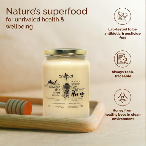 100% 1kg 2.2lbs, Oneroot Canadian Wildflower Honey - / Unheated & Creamed - Nutrient-Rich, Natural Sweetener