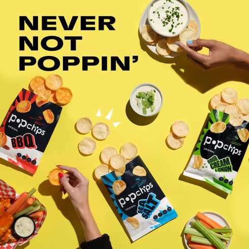 Pack, 12ct 0.8oz 100 Popchips Potato Chips Variety Sea Salt, BBQ, Sour Cream & Onion, Single Serve Bags, Gluten Free