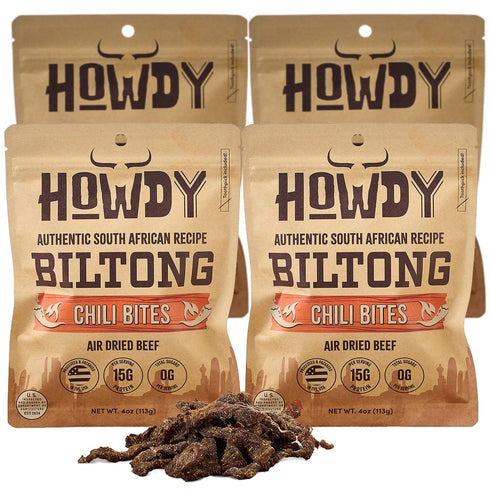 HowdySnax Biltong Chili Bites 4 Pack (16oz Total) Bulk Spicy Beef Snack