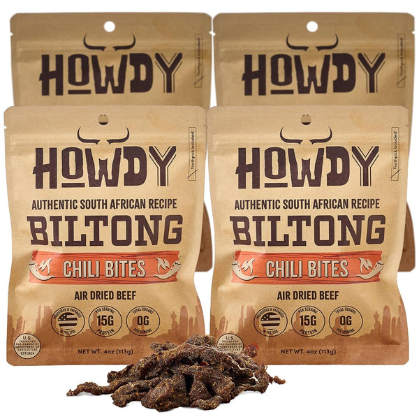HowdySnax Biltong Chili Bites 4 Pack (16oz Total) Bulk Spicy Beef Snack