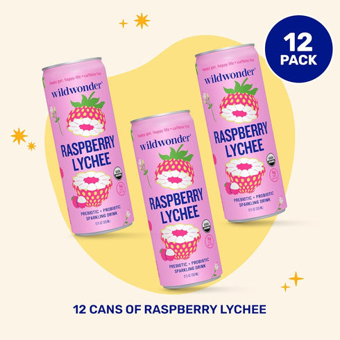 12pk, Immune 5g 12 Pack, 12oz NEW! wildwonder Sparkling Probiotic Drink For Gut Health & Support, Raspberry Lychee