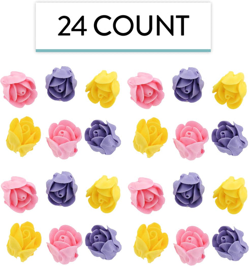 Set, 24 Count Global Sugar Art Edible Royal Icing Pink, Lavender and Yellow Rose Two sizes, for Cake and Cupcake