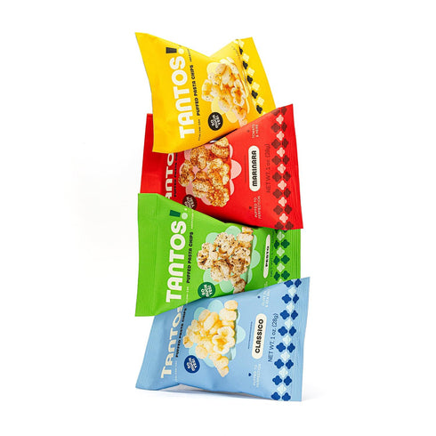 Pack 1 oz, Pack 8 Tantos Puffed Pasta Chips Variety Pesto, Marinara, Cacio e Pepe, Classico Plant Based Low Calorie