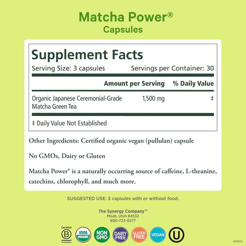 (90 PURE SYNERGY Matcha Power | Organic Matcha Green Tea Capsules | Ceremonial Grade Supplement with EGCG |