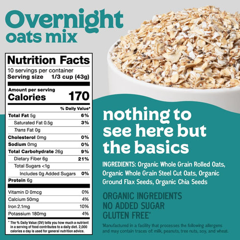 15 oz (10 Easy Morning Overnight Oatmeal Mix, Organic Ingredients, Naturally Gluten-Free, No Sugar Added, Soak and Go