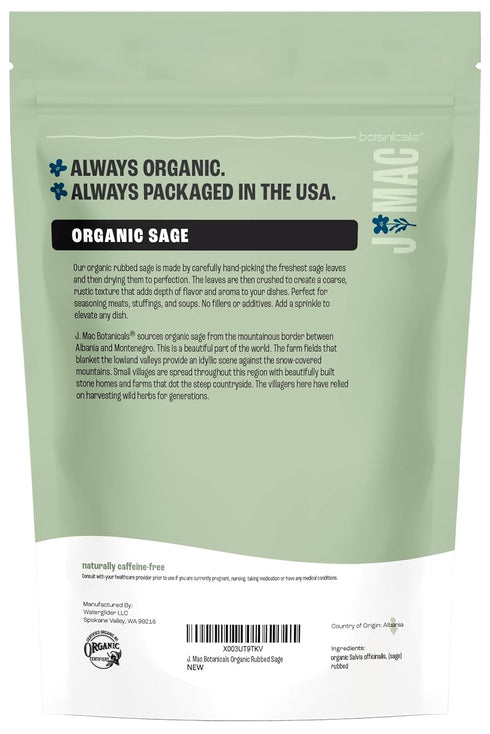 (4 oz), Albanian J Mac Botanicals, Organic Rubbed Sage Certified USDA Organic, Dried Rubbed Sage Leaf. Culinary