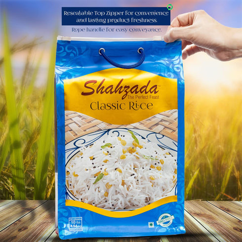 10 lbs Shahzada Classic White Rice Premium Aged, Aromatic & Flavorful Long Grain | Slender, Non-GMO, Quick Cooking