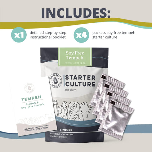 4 Packets Cultures For Health Soy-Free Tempeh Starter Culture | Spores for DIY Plant Based Meat | Gluten Free, Non-GMO
