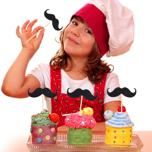 50 Pieces Mustache Cupcake Toppers, Mustache Birthday Cake Topper, Black Glitter Mustache Dessert Toppers for Baby