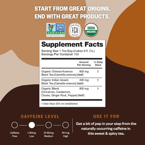 FGO Organic Chai Tea, 100 Count, Eco-Conscious Tea Bags, Resealable Bag (Pack of 1)