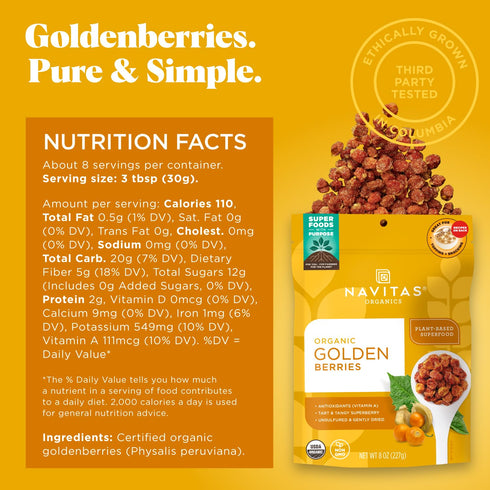 (8oz. 8 Navitas Organics Goldenberries For Healthy Snacks, Topping, Baking & More Dried Fruit No Added Sugar & Sulfite