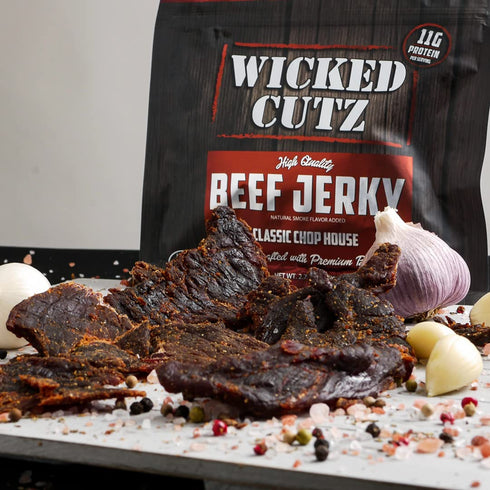 33g (2 Wicked Cutz Classic Chop House Beef Jerky, Protein Per Bag, Tender & Easy to Chew Alternative to Beef Sticks