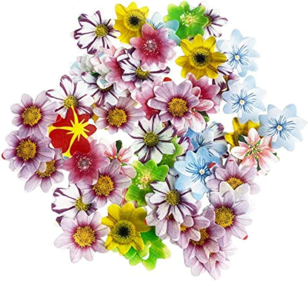 Set of 48 Edible Mini Flower Cupcake Toppers, Wedding Cake Birthday Party Food Decoration, Mixed Size & Colour