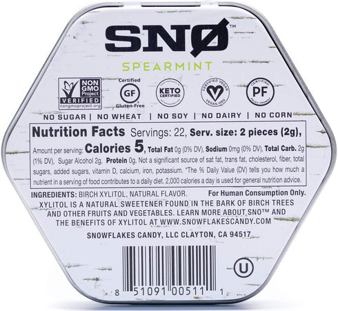 Spearmint KETO Xylitol Candy Chips - SNØ 1.5oz Tin - Sugar-Free Candy With Only 2 Ingredients | Low Carbs, Diabetic-Friendly, Non-GMO, Vegan, GF & Kosher | Purest candy in the world!