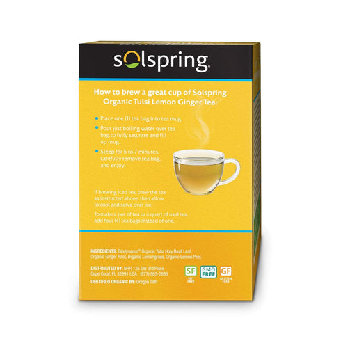 Dr. Mercola Solspring Organic Tulsi Lemon Ginger Herbal Tea, 18 Tea Bags, Naturally Caffeine Free