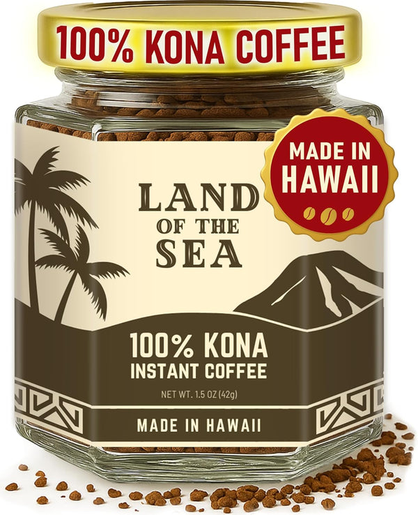 Land of the Sea KONA COFFEE 100% - Premium Freeze Dried Instant Coffee - Low Acid