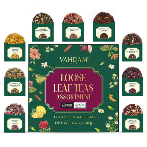 VAHDAM Top 9 Exotic Loose Leaf Tea Sampler (18+ cups) | Floral