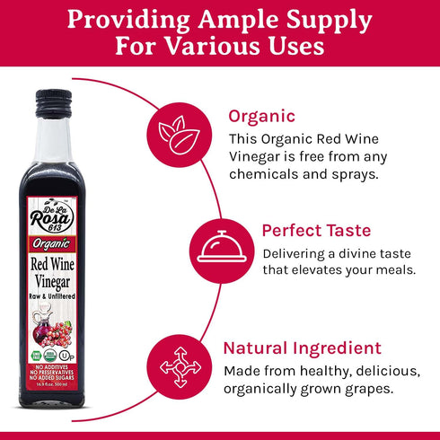 16.9 Oz (Pack 1) De La Rosa Organic Red Wine Vinegar, Raw & Unfiltered, Kosher for Passover, Vegan, Non-GMO & Gluten