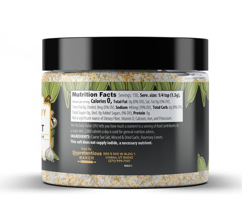Unpretentious Rosemary Garlic Sea Salt, 8 oz, Versatile Seasoning, Cooking & Baking, Savory Seasoning Blend
