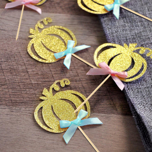 24pcs Pumpkin Gender Reveal Cupcake Toppers, Baby Shower Girl or Boy Party Decorations Supplies, Pumpkin Food Pick