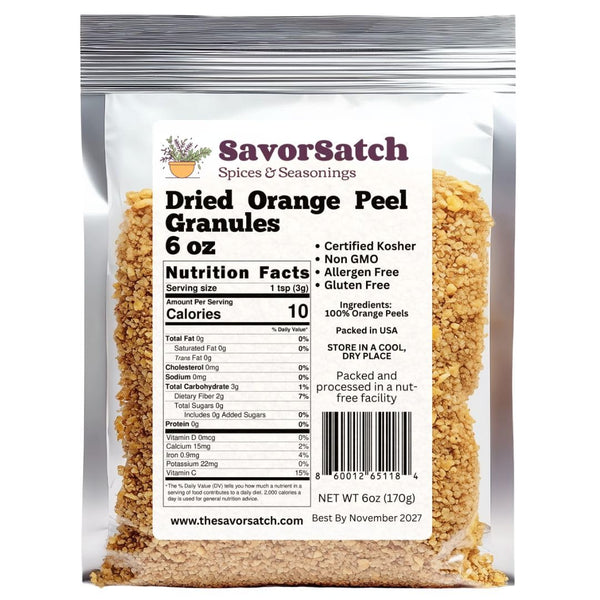 SavorSatch Dried Orange Peel Granules - 6 oz Stand-Up Resealable Pouch | Certified