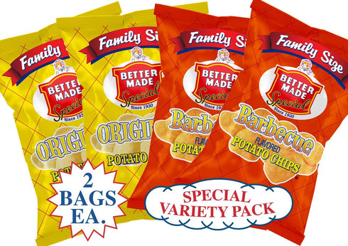 Pack (4) 9.5oz (Pack 4) Better Made Special Original & BBQ Potato Chips Variety x Family Size Bags of - Crispy
