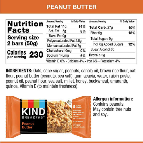 1.8oz, 24 Count KIND Breakfast Bars, Peanut Butter, Gluten Free