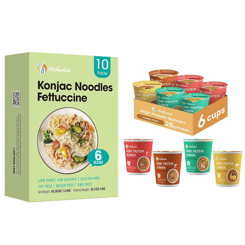 Hethstia Konjac Shirataki Fettuccine Noodles & High-Protein Ramen Variety Pack Keto, Vegan,