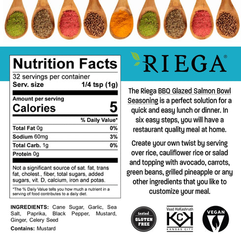 1.13 oz, 8 Count Riega BBQ Glazed Salmon Bowl Seasoning Blend, Organic Spice Mix for Seafood and Salad