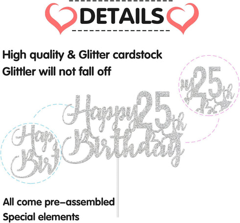Silver Glitter Happy 25th Birthday Cake Topper, 25th Birthday Party Decoration