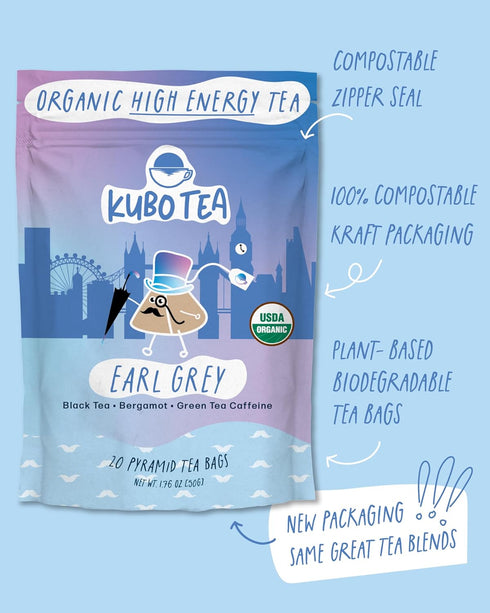 (155 20 Packaging High Caffeine Tea mg) - Kubo Tea: Organic Earl Grey Black Tea Bags for Clean Energy & Focus | Healthy