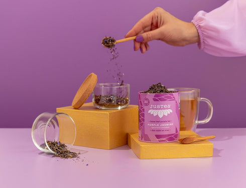 JusTea PURPLE JASMINE Loose Leaf Purple Tea, Tin with Hand Carved Tea Spoon, 40+ Cups, Low Caffeine