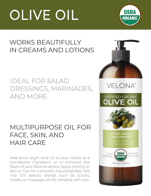 8 Oz 100% velona USDA Certified Organic Olive Oil - Fl | Pure and Natural Carrier Oil | Extra Virgin, Unrefined, Cold