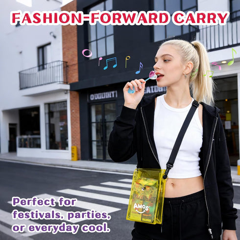 Set 4 Amos TastySounds Wearable Music Lollipop - Flavors & Music Styles with Trendy Yellow PVC Crossbody Bag, Bone