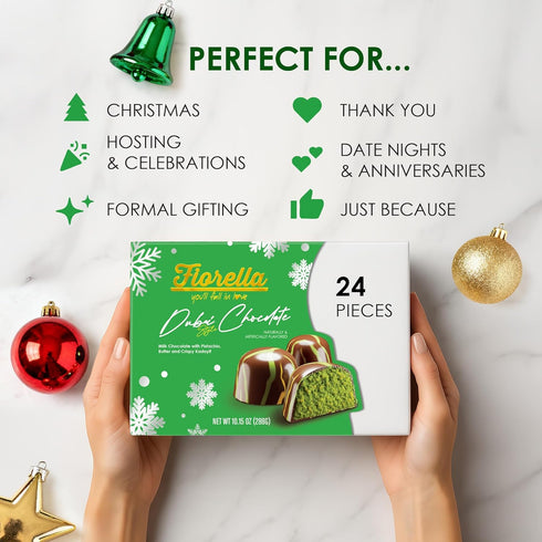 24 Count, 10.15 Oz Fiorella Dubai Chocolate Gift Box, Premium Gourmet Milk Chocolate with Pistachio, Butter & Crispy