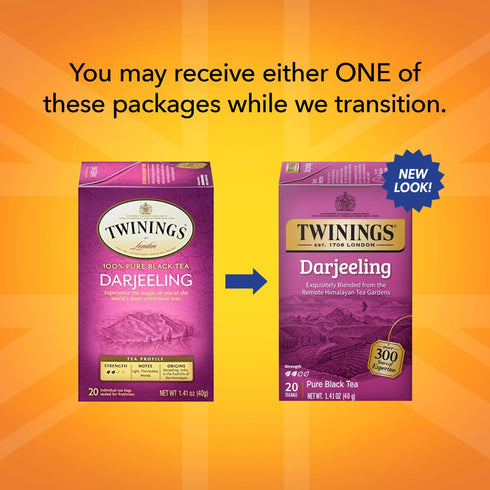 Twinings Darjeeling Tea, A Delicate Dry Black Tea, 20 Count Individually Wrapped Tea Bags, Pack of 2