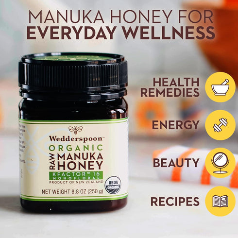 Wedderspoon Raw Organic Manuka Honey KFactor 16+, 8.8 Oz, Unpasteurized New Zealand Honey, Non-GMO Superfood