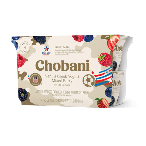 Chobani Low-Fat Vanilla Greek Yogurt, Mixed Berry on the Bottom 5.3oz 4-pack