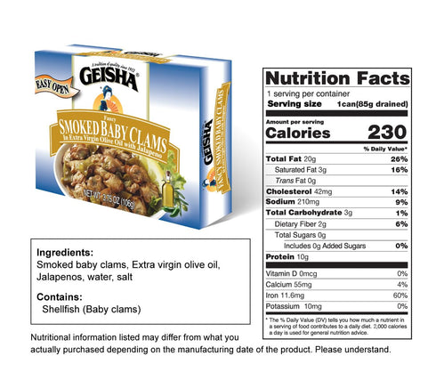 3.75oz (Pack 12), GEISHA Smoked Baby Clams in Extra Virgin Olive Oil with Jalapeno of Baby Clams| Gluten Free No Sugar