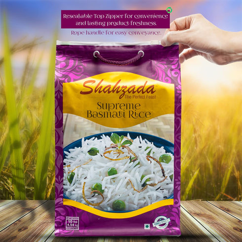 10 Lbs Shahzada Supreme Basmati Rice Extra Long Grain, Non-Sticky, Non GMO, Vegan, Gluten Free, No Cholesterol, Low