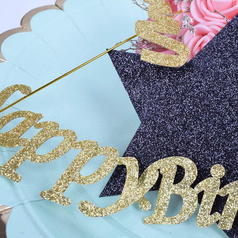 Handmade Black and Gold Glitter Pentacle Cake Toppers, Happy Birthday Cake Bunting Topper Paper Decoration