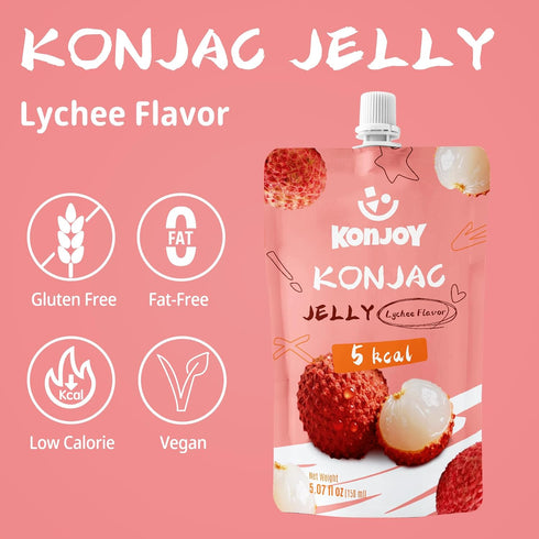12 (5 KONJOY Konjac Jelly, Lychee Flavor Drinkable Jelly Squeeze Pouches Low Calorie kcal) Vegan Snack, Gluten-Free