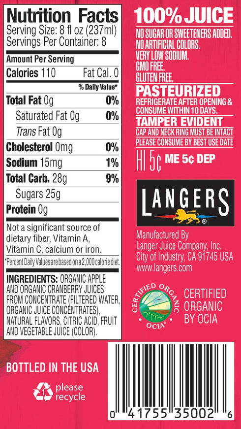 100% 64 Langers Organic Juice, Cranberry, Fluid Ounce