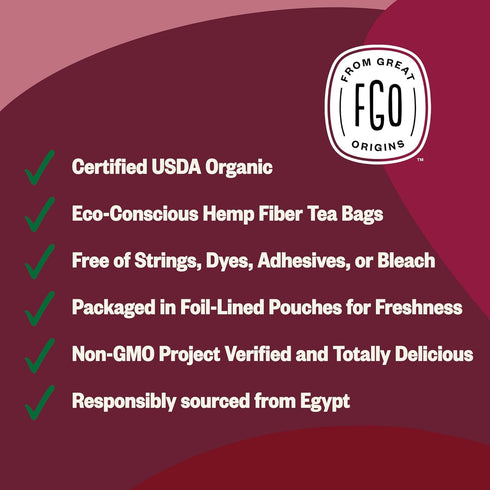 FGO Organic Hibiscus Tea - 100 Count, Eco-Conscious Tea Bags, Caffeine Free