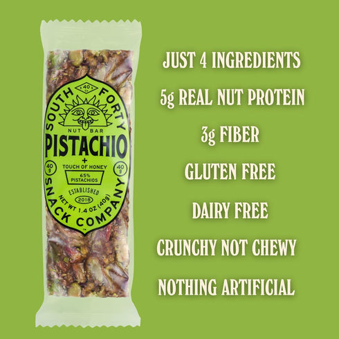 40 4 (40g Pack 12) South Snacks Crunchy Pistachio Bar, Just Ingredients, Touch of Honey Bar